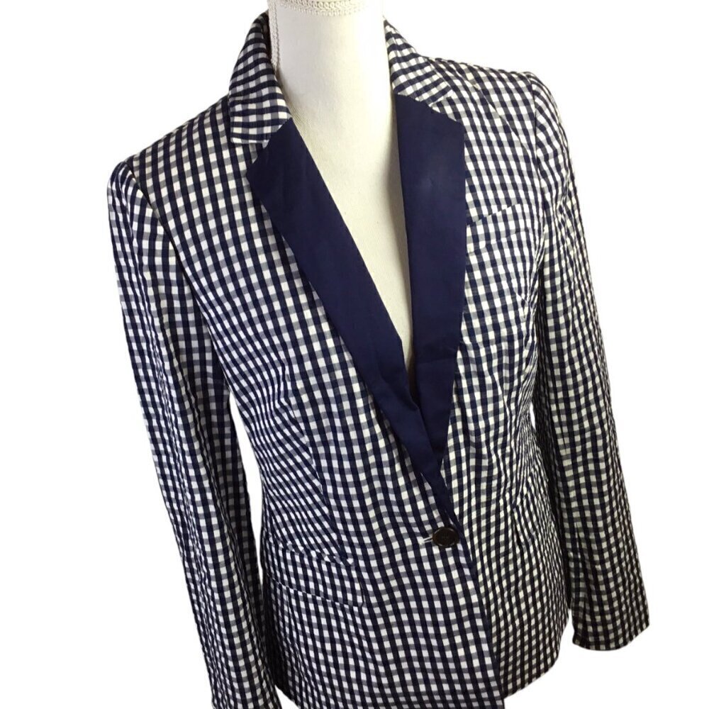 J. Crew NWT Puckered Gingham Seersucker Blazer Jacket Navy Blue Size 6 G2016